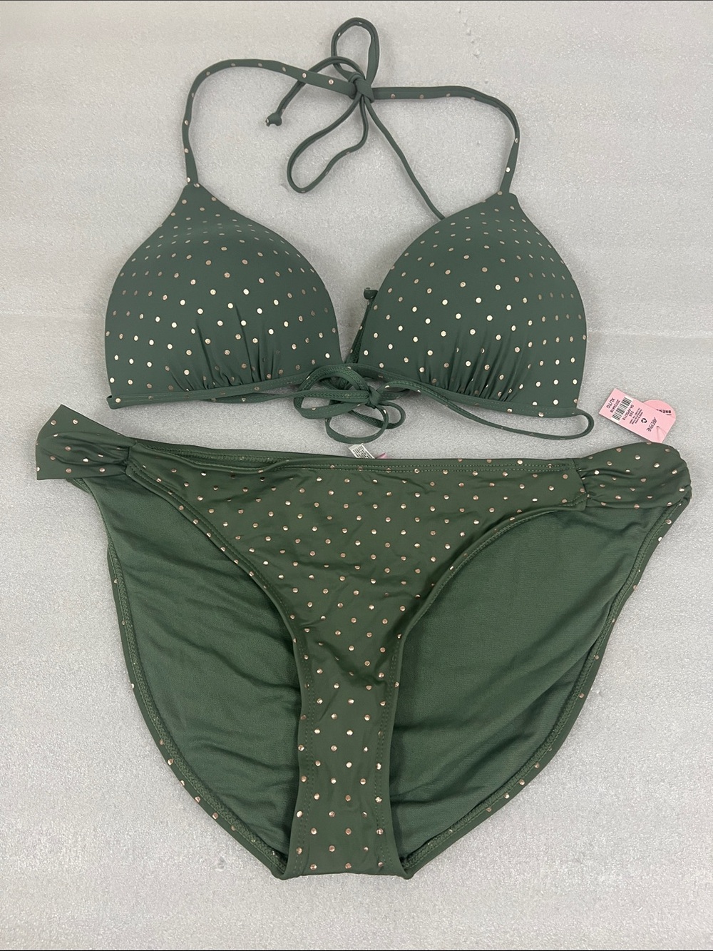 Ardene Women's Bikini Top & Bottoms Set Padded Bra Green Dot Size XL